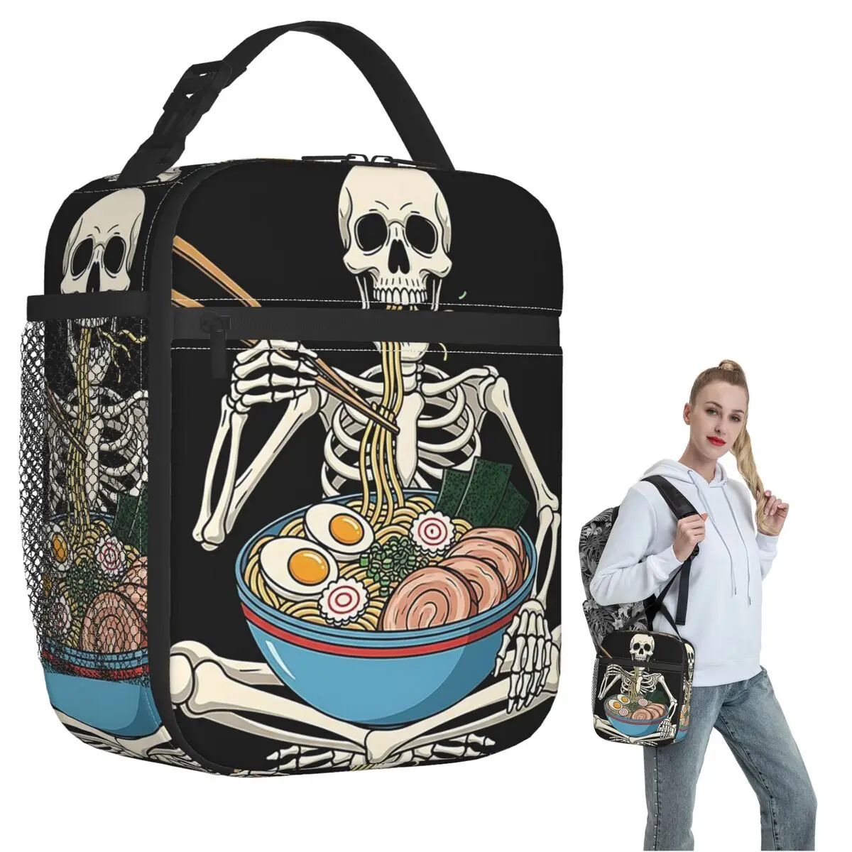 Cartoon Skeleton Eating Ramen Food Halloween Insulated Lunch Bag for Women Children Leakproof Food Boxes Thermal Lunch Box Tote