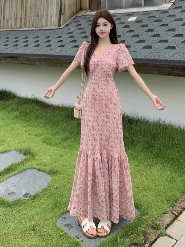 

Sweet V-Neck Short Sleeve Maxi Dress Women's plus Size Fashion Design Slimming Waistline Korean Style A-Line Summer Dress