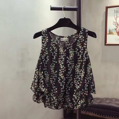 Imagen 2 del producto Blusa con estampado Floral para mujer, Camisa de gasa sin mangas con volantes, estilo coreano, Verano