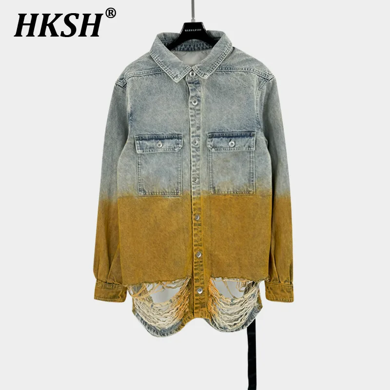 HKSH Autumn Spring New Men's Dark Style Denim Jacket Men's Gradient Vintage Color Contrast Niche Design Holes Shirt Coats HK3394