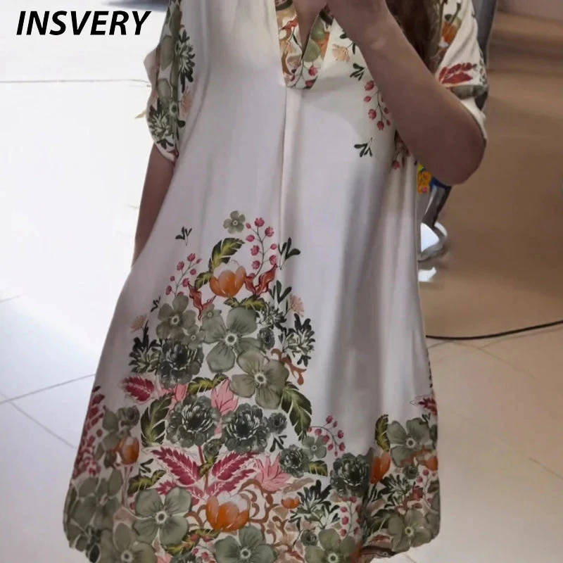 

Винтажное вечернее платье с цветочным принтом, женское платье больших размеров с v-образным вырезом, свободное пляжное праздничное платье, женское повседневное платье миди с коротким рукавом