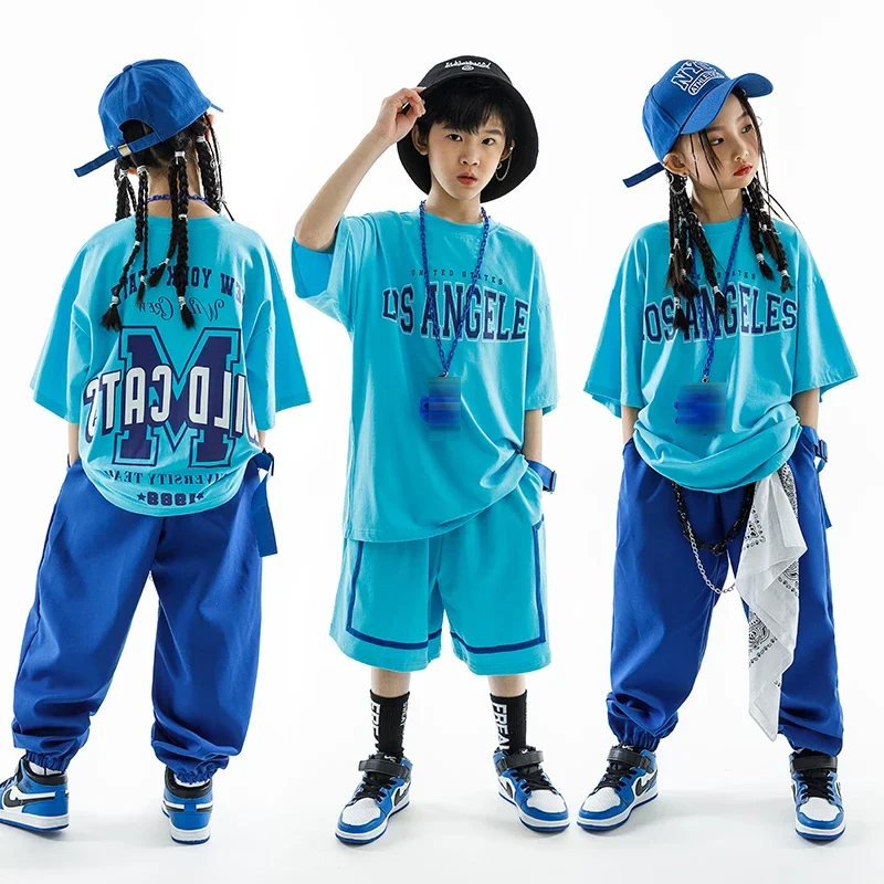 Girls Boys Blue Short Sleeves T Shirt Pants Casual Rave Clothes Loose Practice Wear Street Dance Kids Hip Hop Clothing