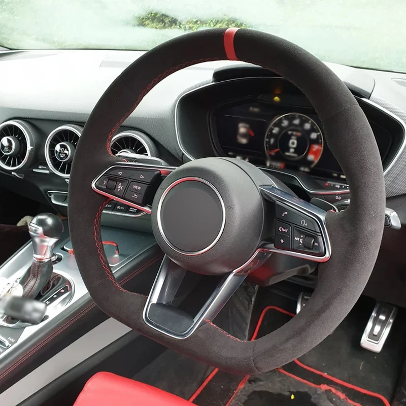 

Alcantara Real Leather Steering Wheel Cover Red Thread Red Stripe Hand Sew Car Accessoires for Audi R8 TT TTS TTRS (2014-2019)