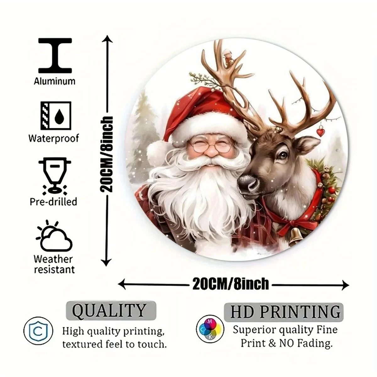 2D Flat, 1 Piece Vintage Santa Claus and Reindeer Wall Decoration - Round Aluminum Metal Christmas Sign with Red Santa Claus, Gifts, and Holly, No/Electric