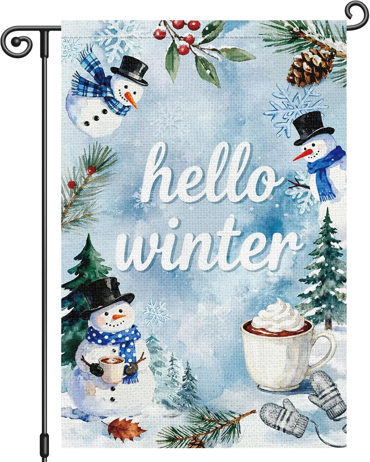 Louise Maelys Hello Winter Snowman Garden Flag Coffee Cup 12x18 Inch Double Sided Welcome Christmas Xmas Tree Holiday Season PPM