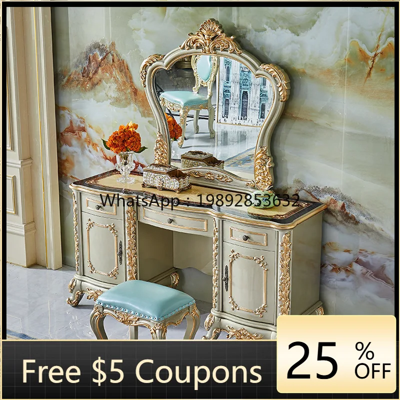 

LYY Dressing Table Solid Wood Carved Princess Dressing Cabinet American Style Villa Champagne Gold Foil Makeup Table