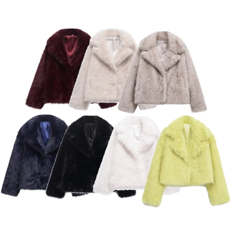 

2025 Women's Winter Retro Style Lapel Long Sleeve Faux Fur Wool-Blend Jacket Outerwear Warm Plush Coats Casual Street Wears Tops