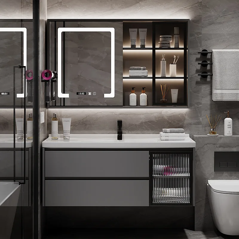 

#Luxury Wall Mount Floating Cabinet Bathroom Vanity Stainless Steel Wash Bathroom Lavatory Vanities Cupboards Equipment