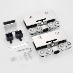 1 Set Glass Door Hanging Wheel Pulley Bathroom Door Hanging Clamp Frameless Glass Sliding Door Silent Glass Pulley Accessory