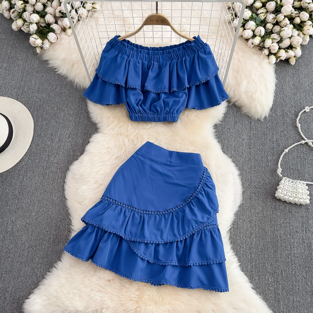 Short Top And Mini Skirt Set Fashion Women's Ruffled Slash Neck Off-shoulder Pullover Shirt And Mini Short Pleated Skirt Summer