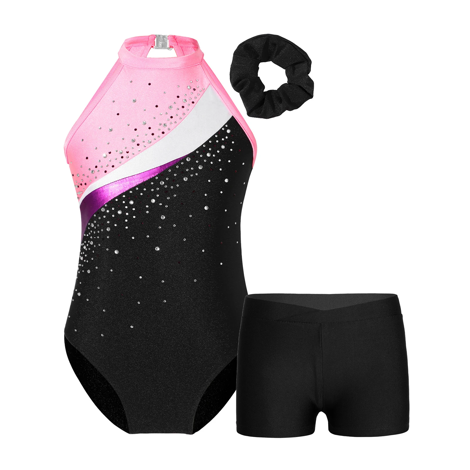 Kids Girls Ballet Dance Sets Sports Gymnastics Outfits Shiny Rhinestone Leotards with Hair Band Shorts Suit Competition Costume