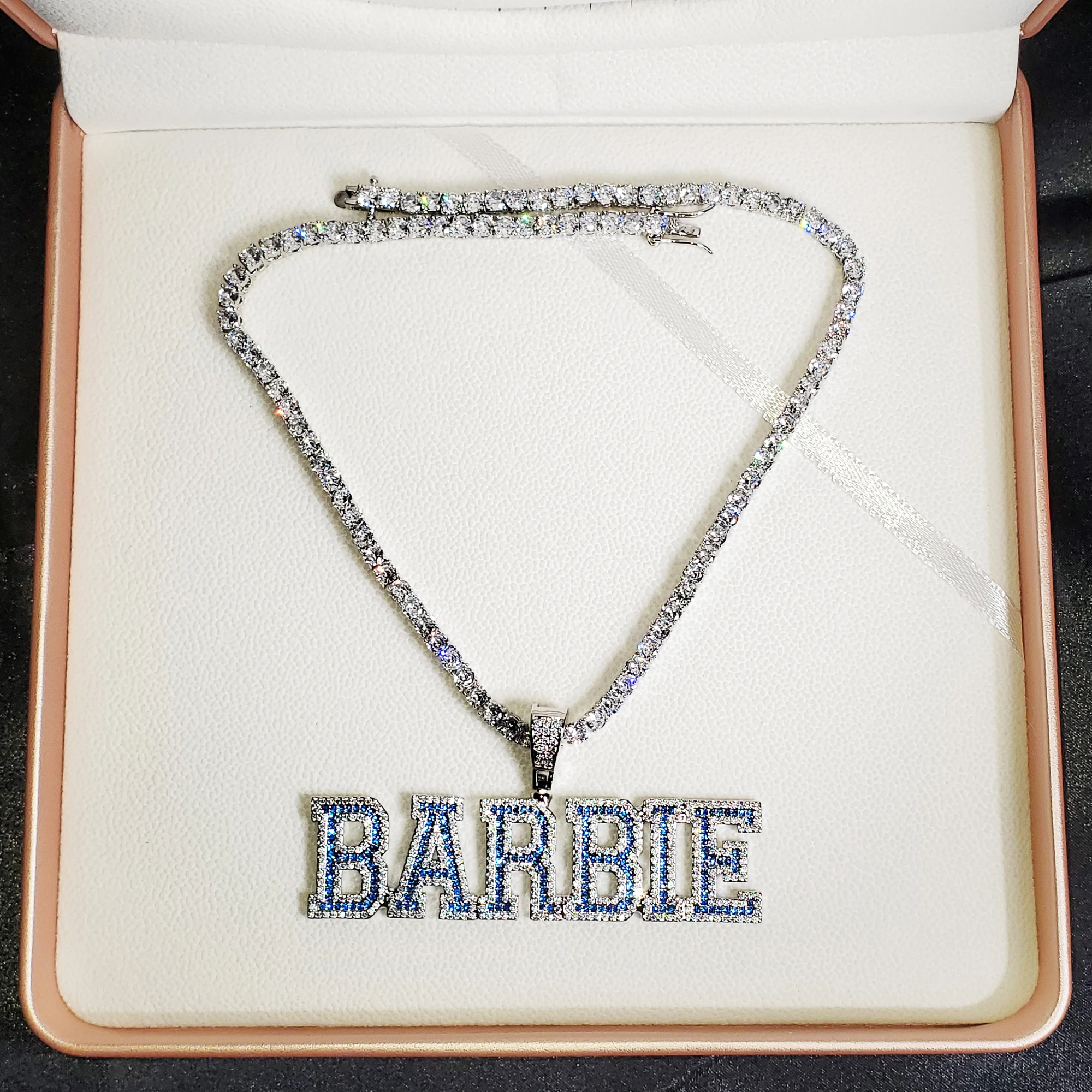 Blue Stone Custom Letters Necklace, Personalized Nameplate, Prom Jewelry, Personalized Name Chain, Bling Hip Hop Jewelry