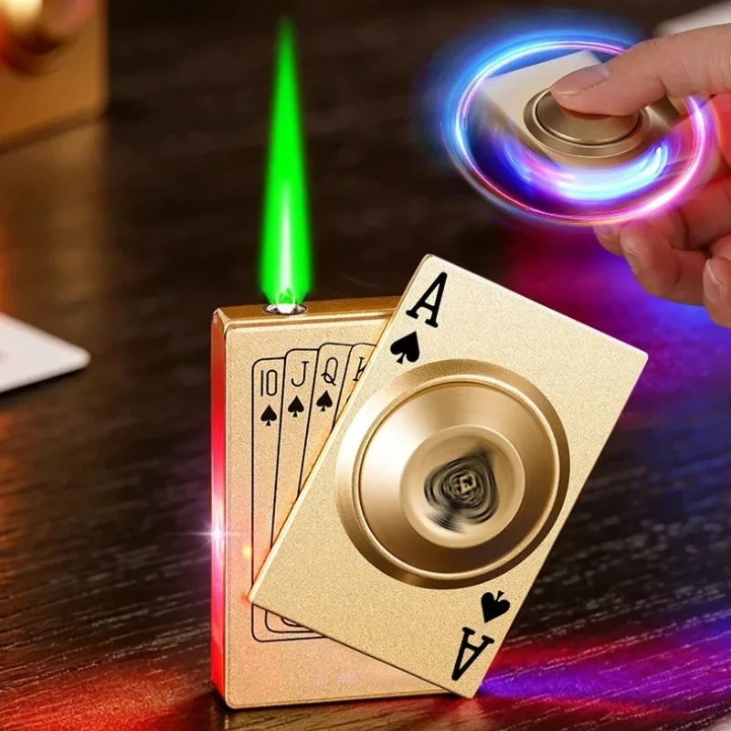 2026 New LDE Poker Fingertip Gyro Inflatable Lighter Metal Windproof Jet Green Flame Butane Outdoor Lighter Men's Cool Gift