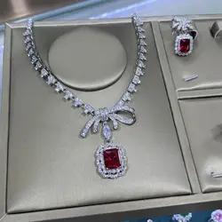 Red Corundum Jewelry Set Diamond Explosion Flash Hot New Luxury Pendant Necklace Female Earrings Set