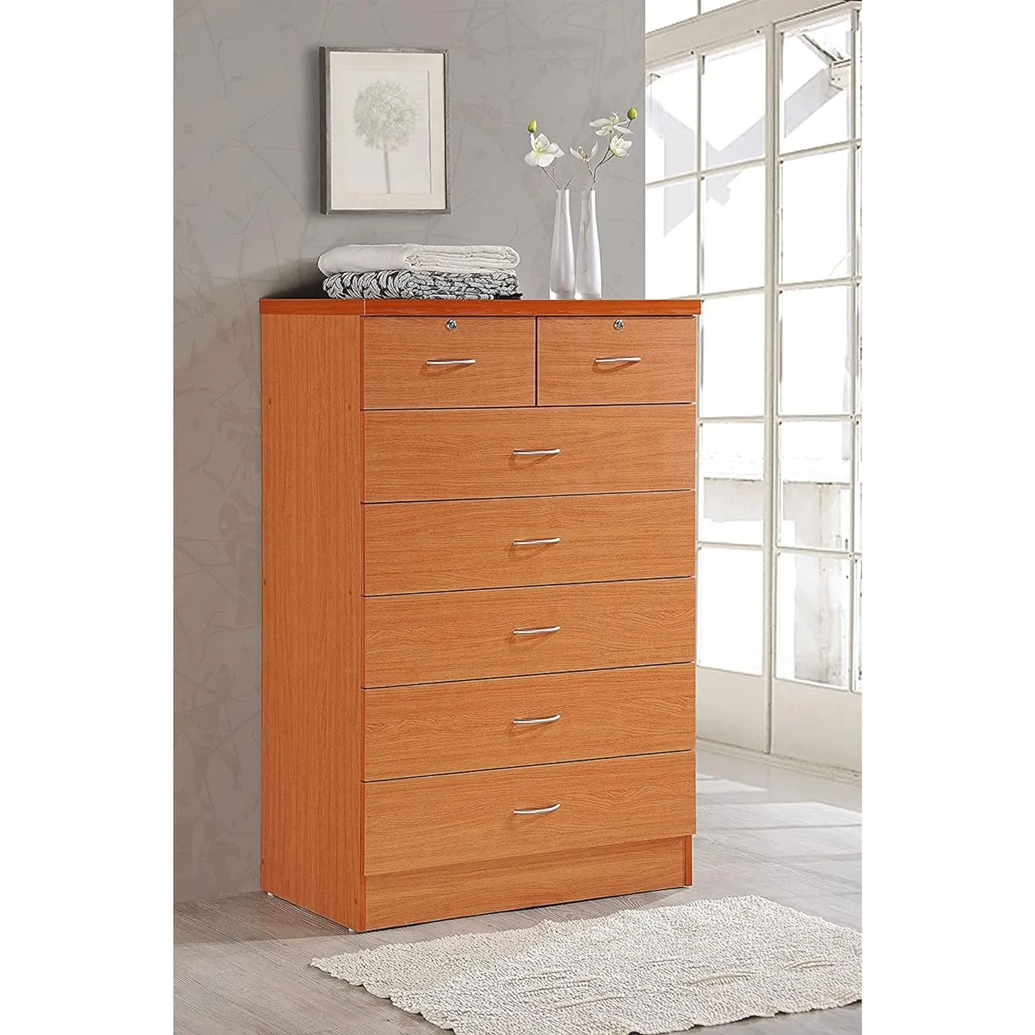 HODEDAH 7 Drawer Wood Dresser for Bedroom 31.5 inch Wide Chest of Drawers with 2 Locks on the Top Storage Organization