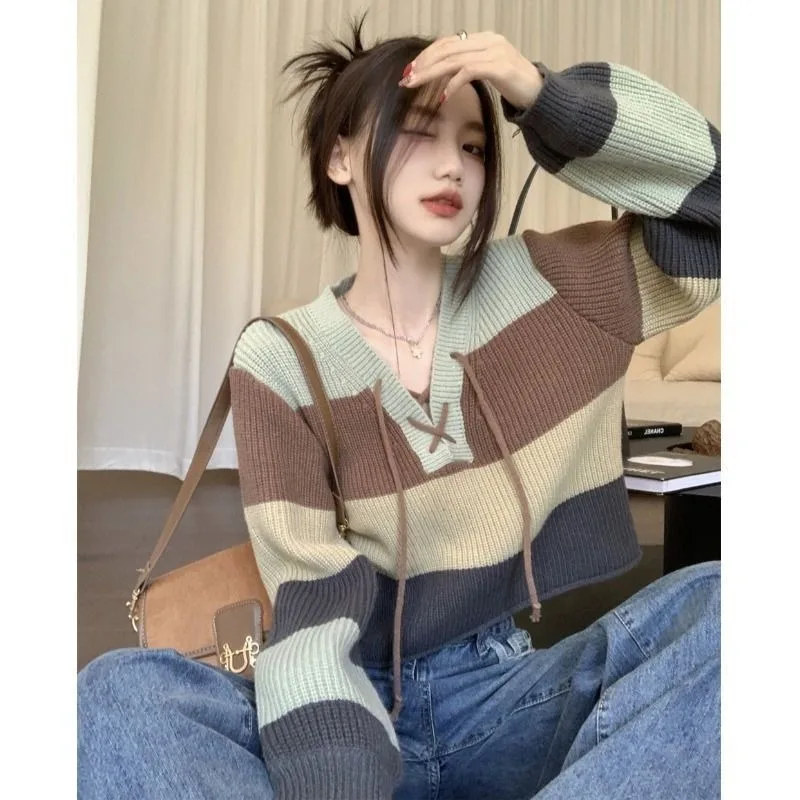 Striped Fashion Women Sweaters 2024 Autumn Winter Pullovers Korean Knitwears Long Sleeve Clothes Knit Top Ladies Lace-up Sweater