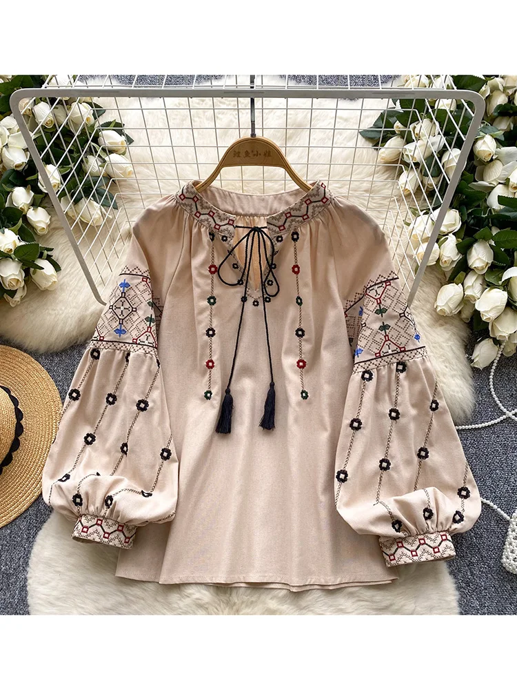 

Women‘s Spring Blouse Retro Embroidered Lace Up Lantern Versatile Loose Pullover Vacation Long Sleeved Top Sleeve Blusa BL149