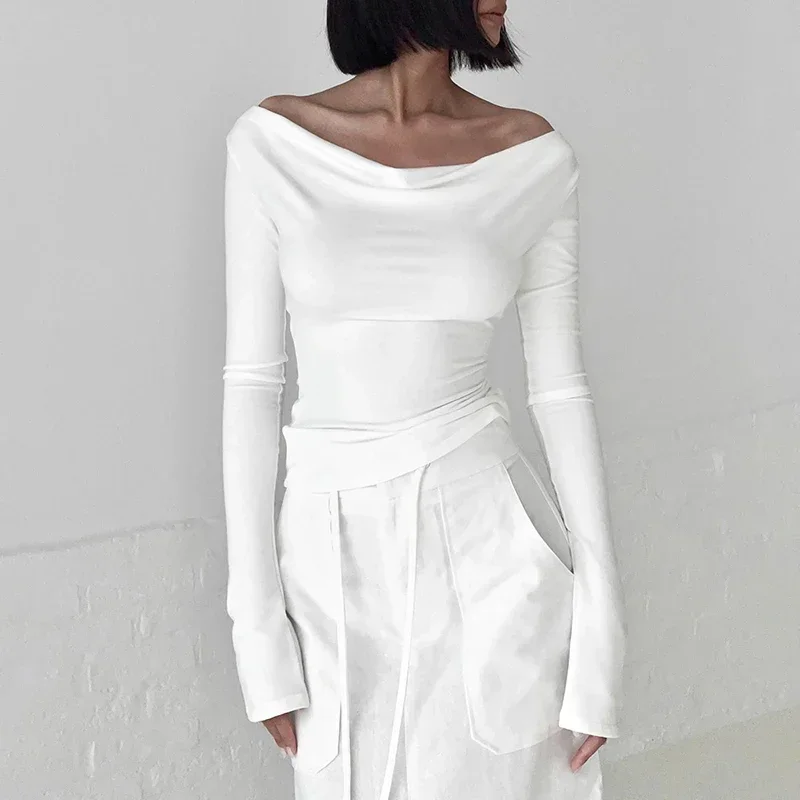 

Irregular Swing Collar Ruched Off Shoulder Crop Vest Long Sleeve Backless Strappy Women Casual Tops Streetwear In Fall