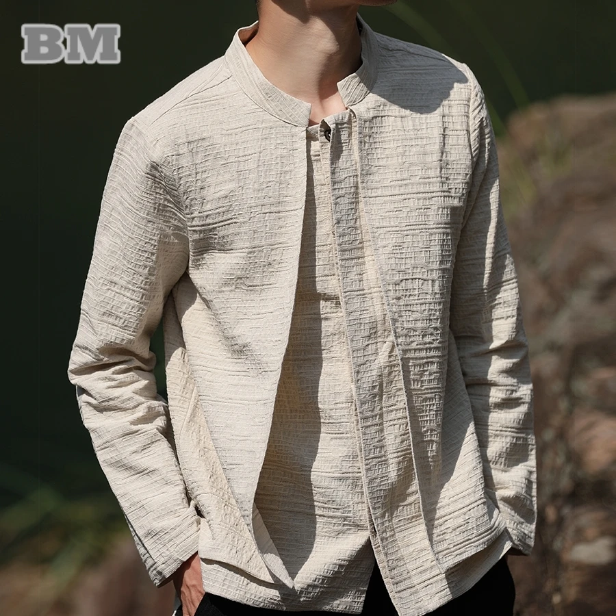 Chinese Style Plus Size Cotton Linen Shirt Men Clothing Vintage Tai Chi Kung Fu Fake Two Loose Long Sleeve Casual Thin Coat Male