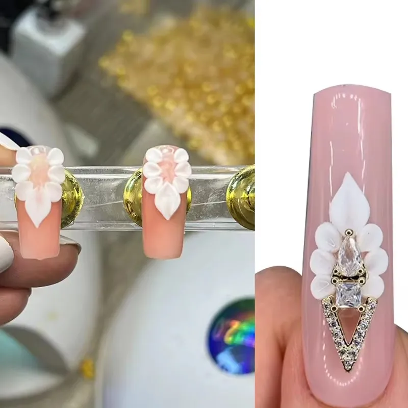 Handmade requintado prego escultura acrílica flores, pétala encantos com pérola, strass, cristal esculpido, DIY Manicure decoração, 3D