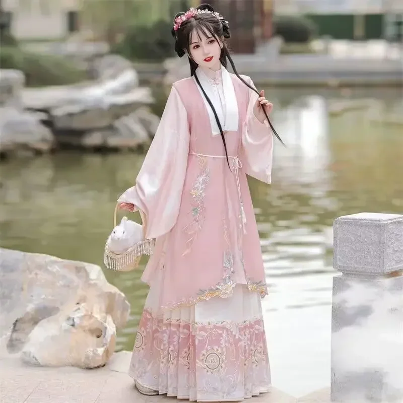 Hanfu Horse Face Skirt Women Halloween Cosplay Costume Chinese Vintage Traditional Hanfu Summer Pink&Green Hanfu 3pcs Horse Face