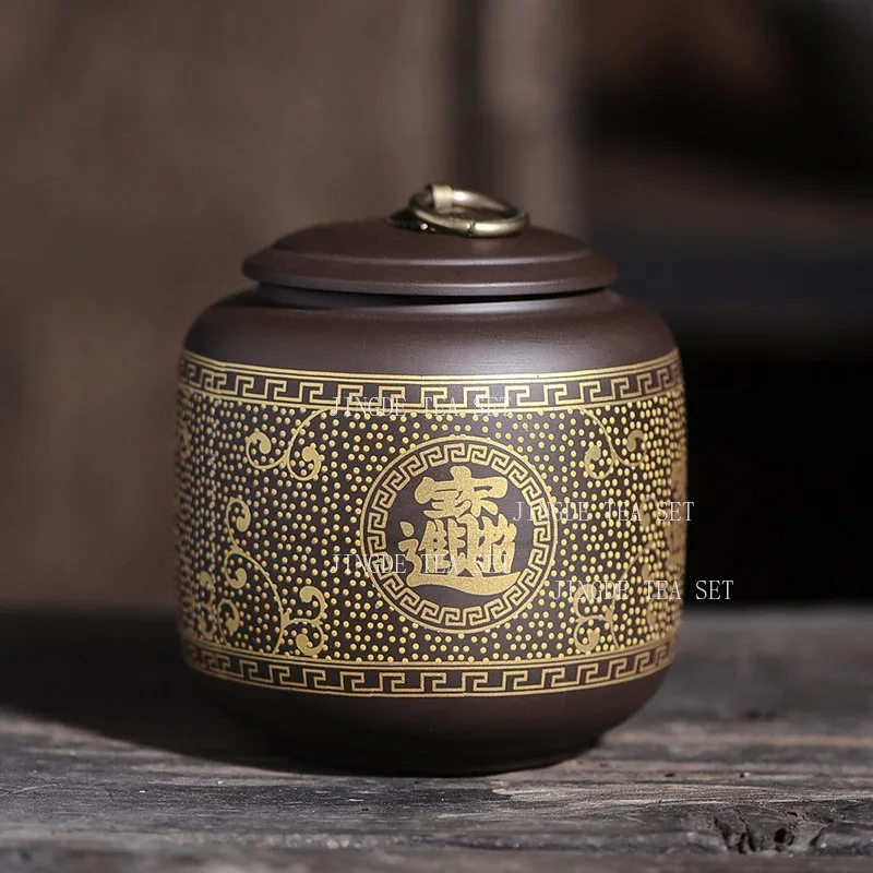 Chinese Zisha Tea Canister Airtight Sealed Lid With Metal Ring Gilded Fortune Scroll Print Purple Clay Tea Leaf Storage Jar