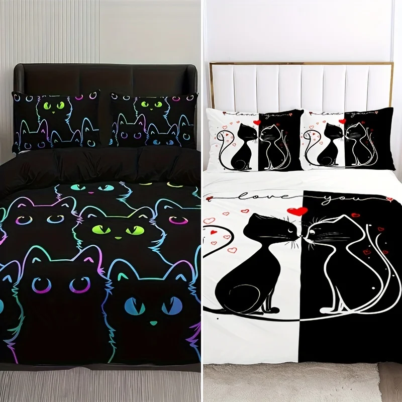 

Vibrant Cat Cartoon Print Bedding Set - Breathable Polyester Duvet Cover Pillowcases Machine Washable All-Season Comfort