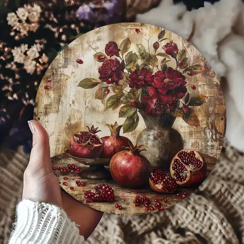 1pc 20x20cm Round Aluminum Metal Tin Sign Vintage Pomegranate Floral Decorative Wall Art for Home Kitchen Garden Cafe Office