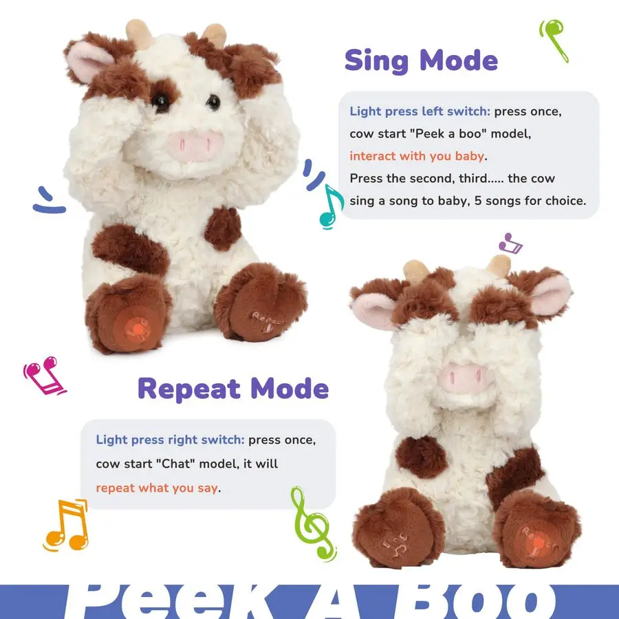 Peek A Boo Cow Ripeti interattivi Cosa dire Diario di peluche Giocattolo per bovini Canto musicale Parlante Peluche Adorabile elettrico