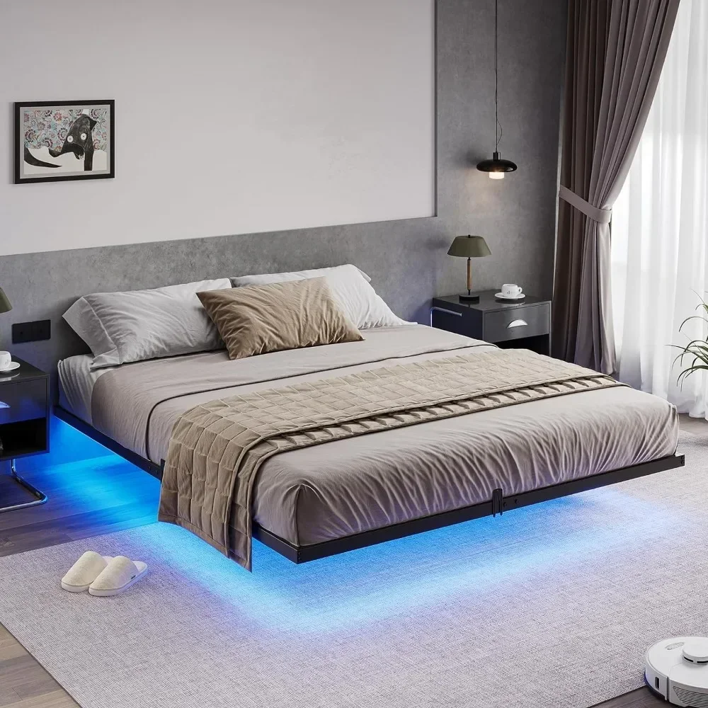 

Floating California King Size Bed Frame with LED Lights Metal Platform Bed No Box Spring Needed Easy To Assemble California King