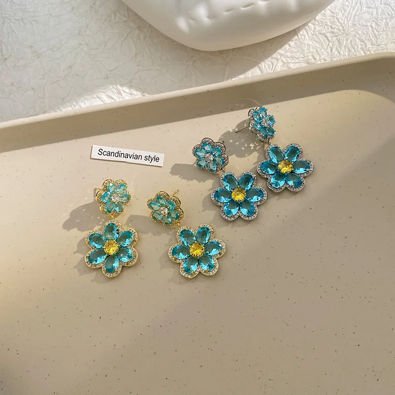 New Fashionable Sweet Design Micro Inlaid Exquisite Light Luxury Blue Premium Double Flower Heavy Duty Petals Earrings