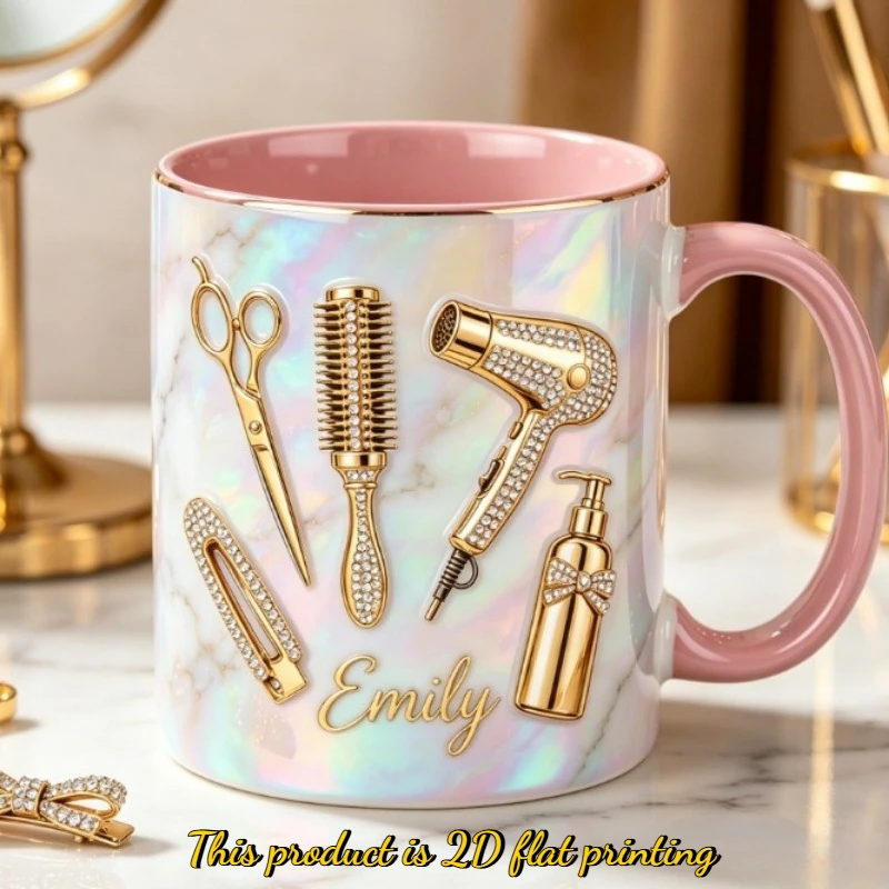 Custom Name Ceramic Mug 11oz Pearl Hair Tool Design Gift for Hairstylist Beautician Salon Owner Birthday Christmas Teacher Back
