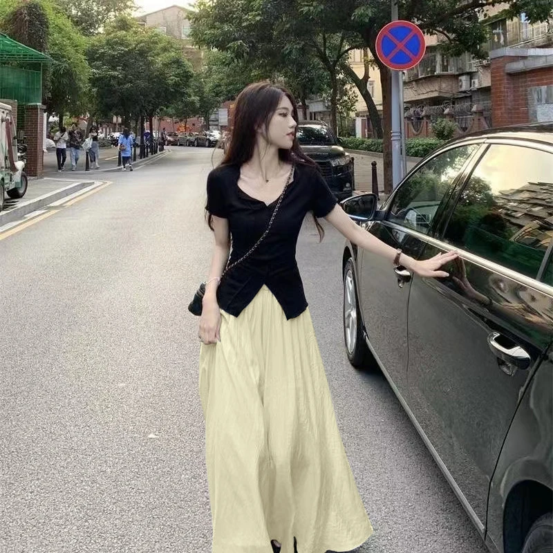 Irregular Design Slit Short-Sleeved Top Mid-Length Skirt Two-Piece Skirt Pants