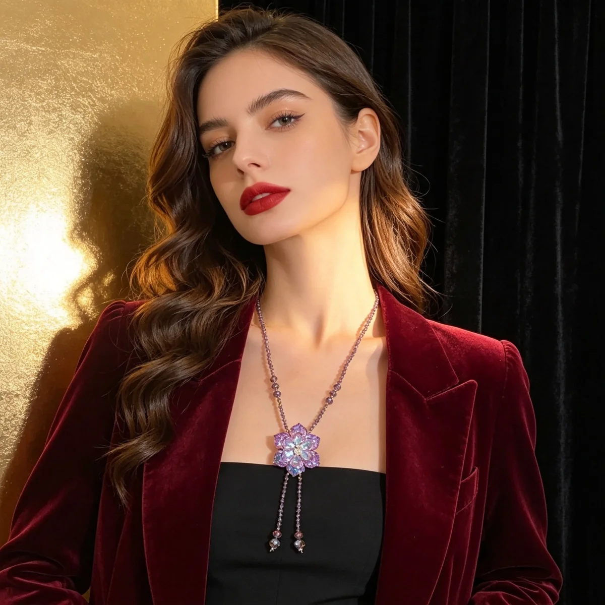 Glänzende lila Kristallblumen-Pulloverkette für Damen und Herren, Vintage-Halskette mit Kordelzug, Perlen, Y-förmiger Quasten-Blumen-Choker-Schmuck – Detail 12