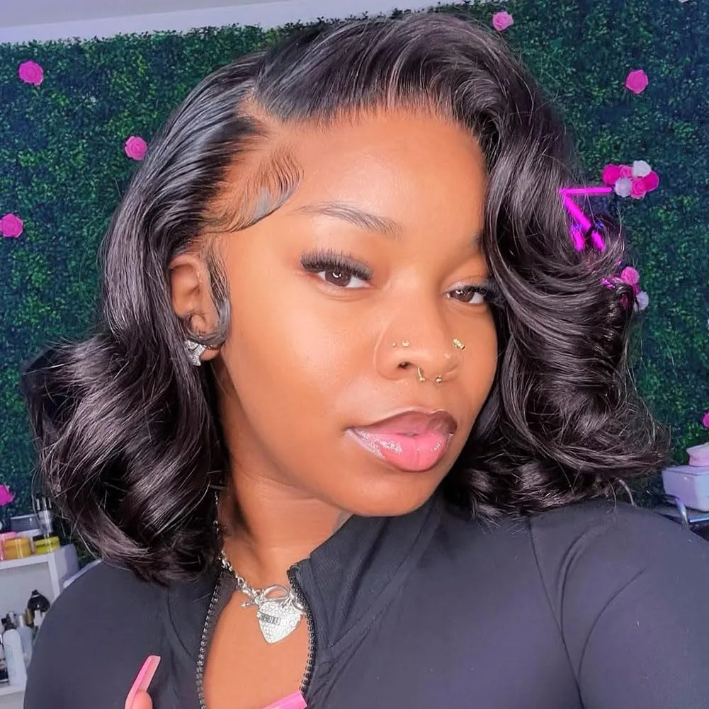 

Готовый к носке парик-боб без клея из натуральных волос, 13x4 HD кружевной фронтальный парик с эффектом Body Wave для женщин, предварительно снятая линия роста волос, прозрачный короткий парик-боб с кружевной основой