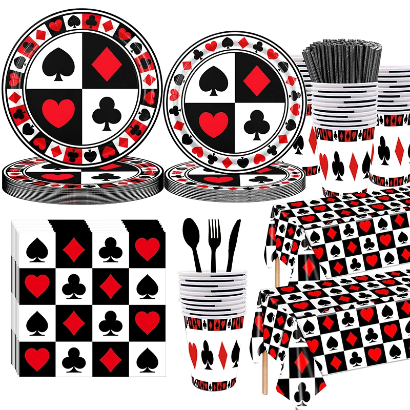 133pcs Party Supplies Tableware Set Poker Paper Plates Napkins Cups for Night Poker Game Theme Birthday Party Decorations