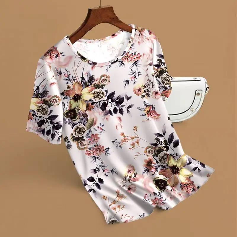 SYsYouthfully Summer 3d Fllower Printed Top Women Loose Short Sleeve T Shirts Ice Silk Polyester Casual Thin Outdoor Homewear view 6