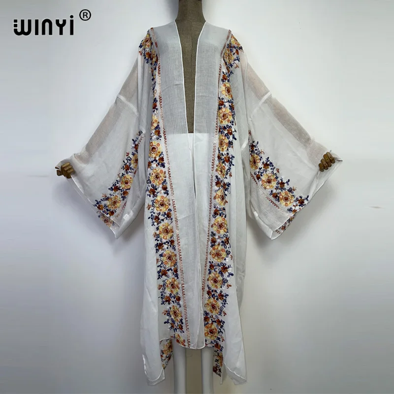 WINYI Embroidery Dress Beach Cover Up Bohemian All-match Sexy comfortable perspective home coat Elegant Holiday party Kimono