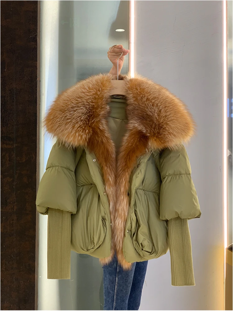 Janveny Large Real Silver Fox Fur Collar 2026 White Duck Down Jacket Women Winter Luxury Puffer Coat Oversize Feather Outwear