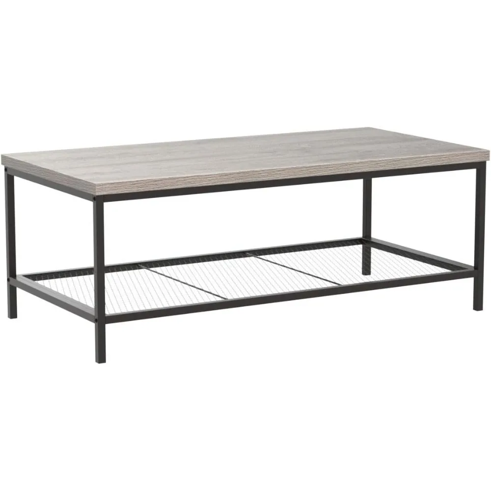 

44in Modern Coffee Table,Large 2-Tier Industrial Rectangular Wood Grain Top Tea Table, Accent Furniture w/Mesh Shelf,Metal Frame