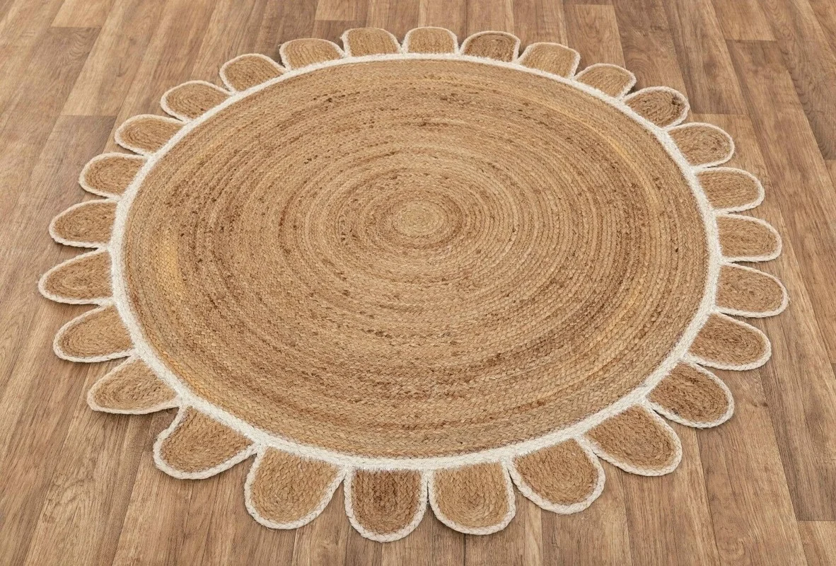 Jute Rug Scallop 100% Natural Woven Bohemian Rug Modern Living Home Decor Rug Kitchen Mat Rug