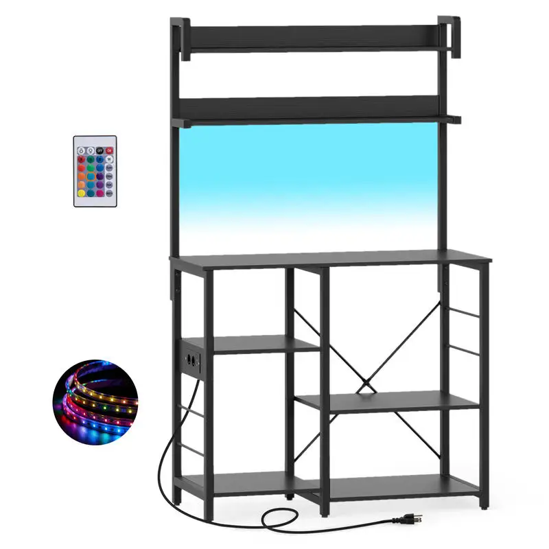 Kitchen Bakers Rack with Power Outlet 5-Tier Microwave Oven Stand with LED Lights-Black