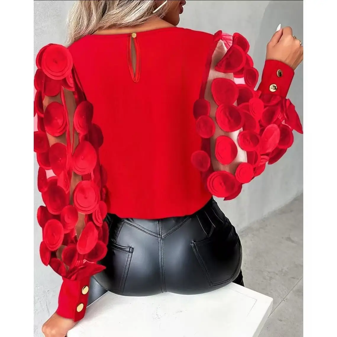 Fashion Solid Color Round Neck Top Sheer Mesh Long Sleeve With 3D Circle Appliques Decor Cuff Buttons Casual Streetwear Bl Shirt