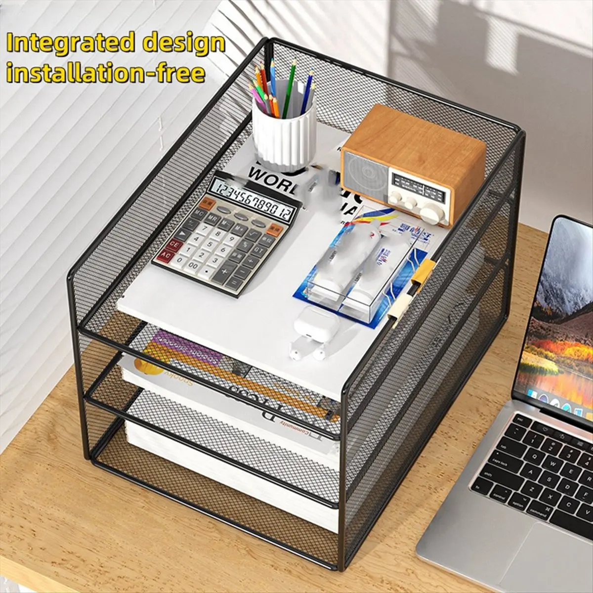 Office File Organizer Metal Mesh Desk Organizer with Three Layer Design Multifunctional File Holder Storage Rack Black