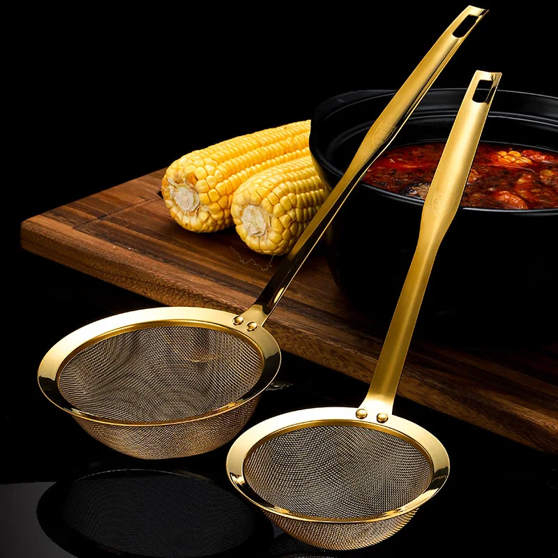 5 Sizes Golden Stainless Steel Skimmer Mesh Oil Pot Filter Strainer Ladle Sieve Colander with Long Handle Kitchen Accessories