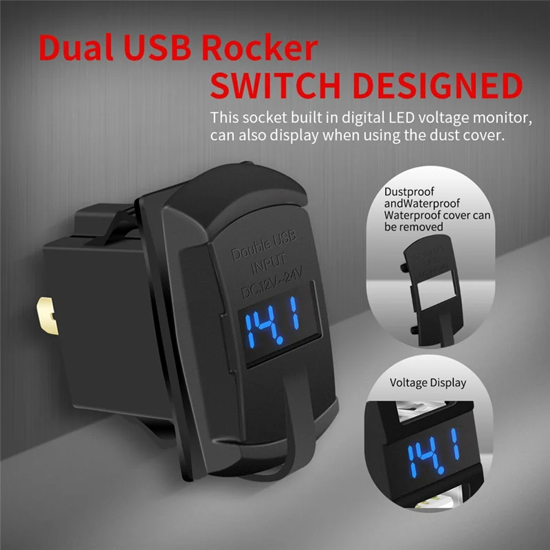 Marine For Rocker Switch 12V USB Dual Charger Ports 4.2A Waterproof Outlet Socket Digital Voltmeter For Rocker Switch Panel Red