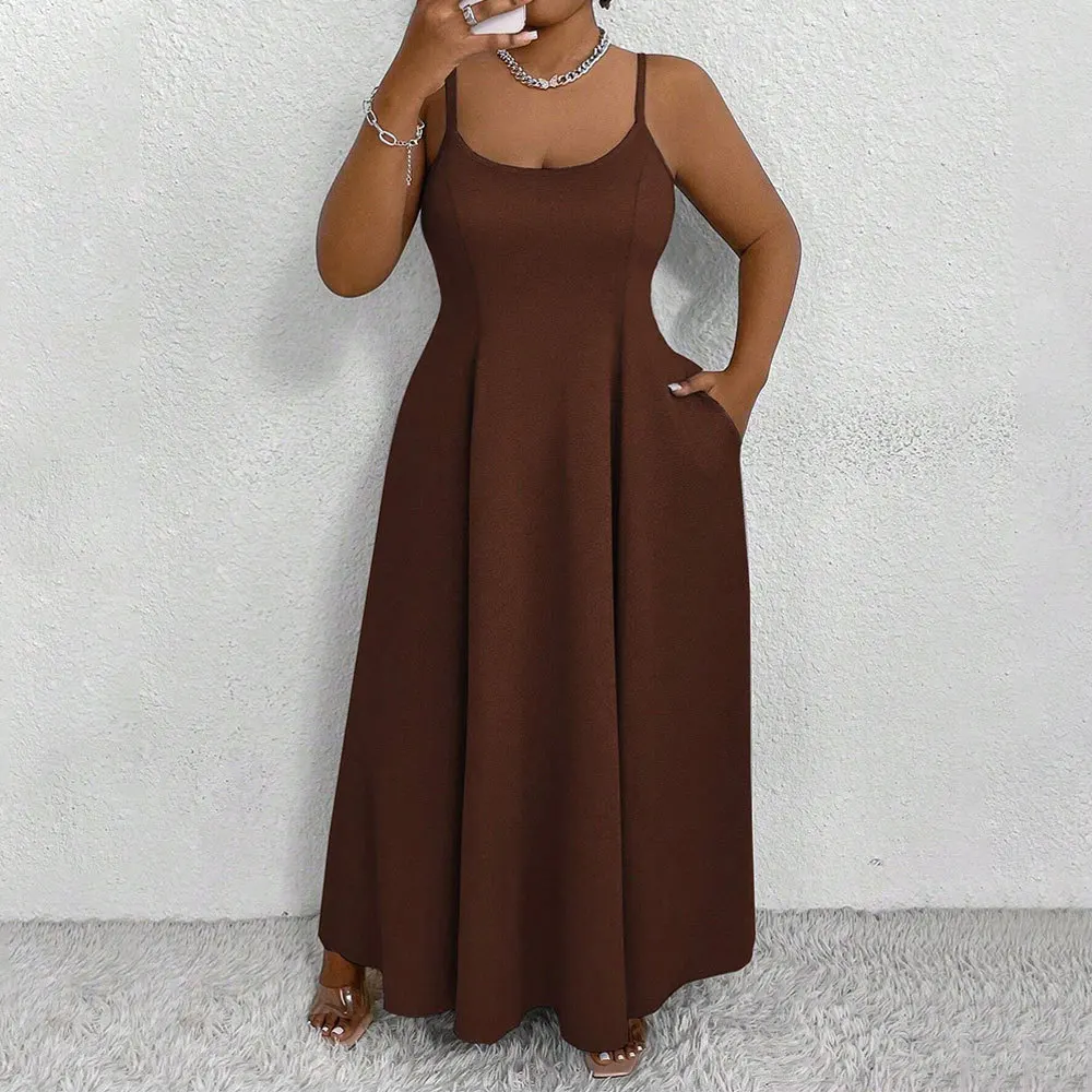 

Women Sling Dresses A Line Round Neck Sleeveless Elegant Dress Party Pocket High Waist Vestidos Prom Lady Casual Y2k Streetwear