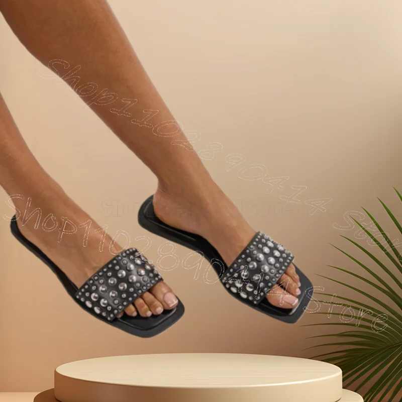

Silver Rivets Design Black Open Toe Slippers Slip On Women Shoes Low Top Fashion Party Banquet Dating 2026 Zapatos Para Mujere