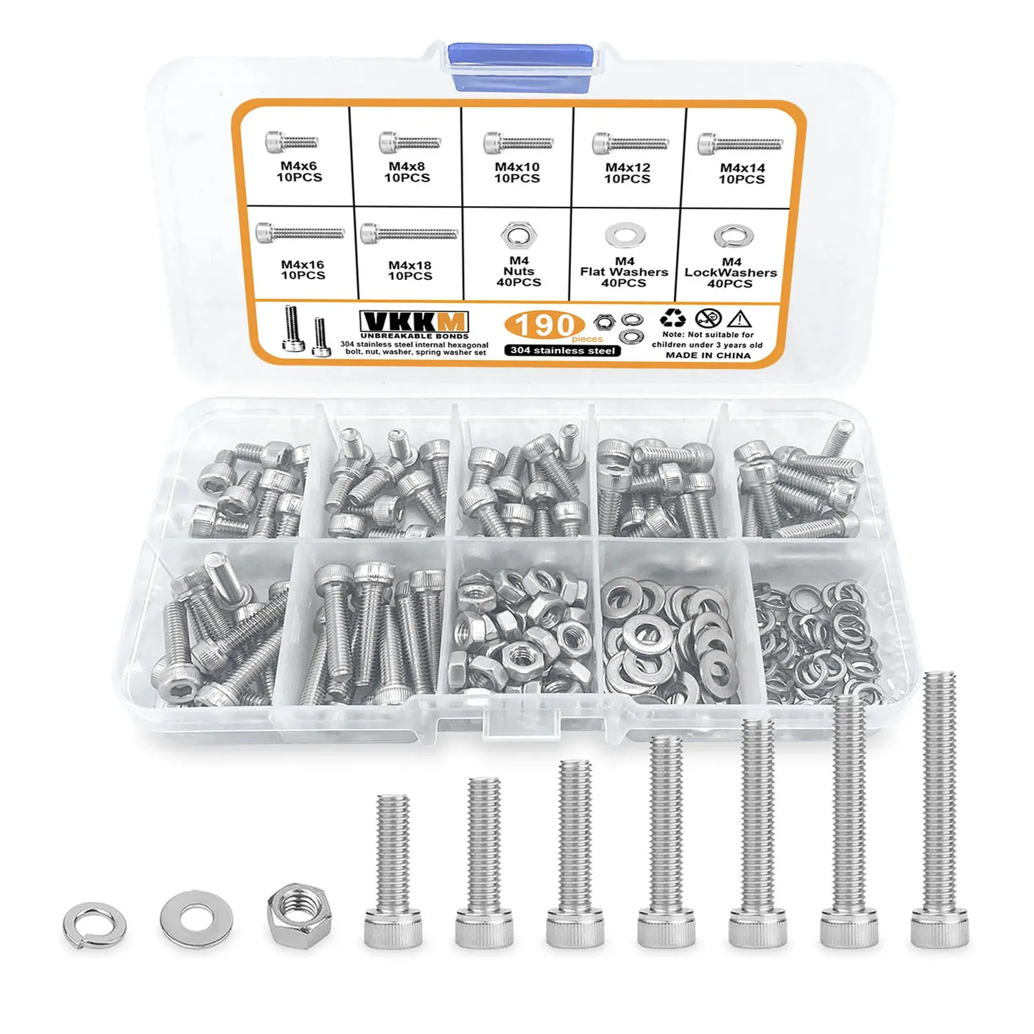 

VKKM190Pcs M4 Bolt Nut Washer Combination Kit, M4x6/8/10/12/14/16/18mm Metric Bolts, Suitable for Assembly and Maintenance, Etc