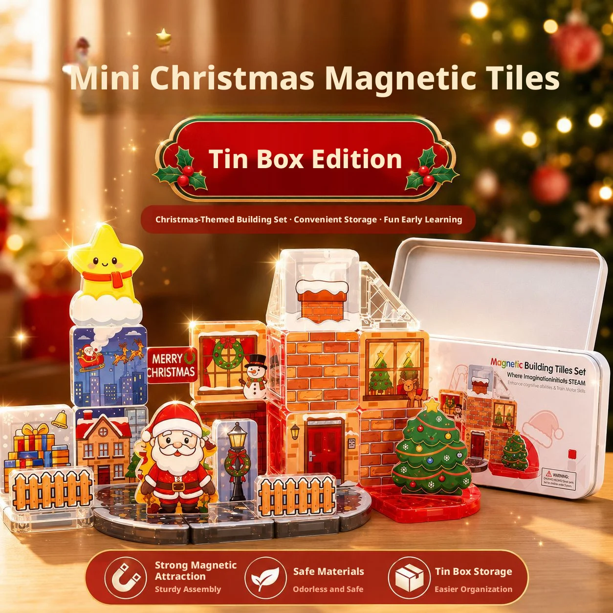 Christmas Magnetic Block Set With Metal Box, Easy To Store, Portable Mini Christmas House Gift Home Decor Items